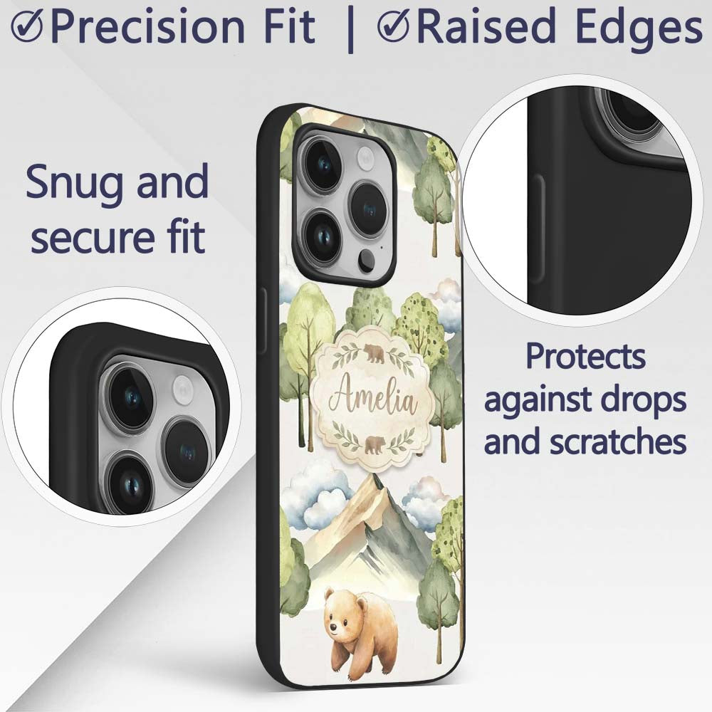 Watercolor Woodland Bear Trees Mountains Seamless Custom Name Protective Phone Case Mobile Cover Durable Everyday Smartphone Shock Resistant