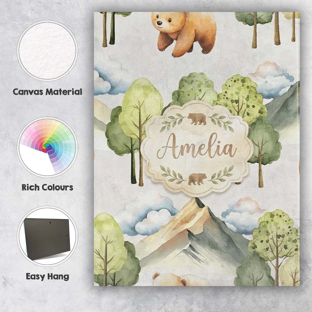 Personalised Name Watercolor Woodland Bear Custom  Unique Gift Idea Elegant Feature Canvas Wall Art Print Decor Picture Ready to Hang