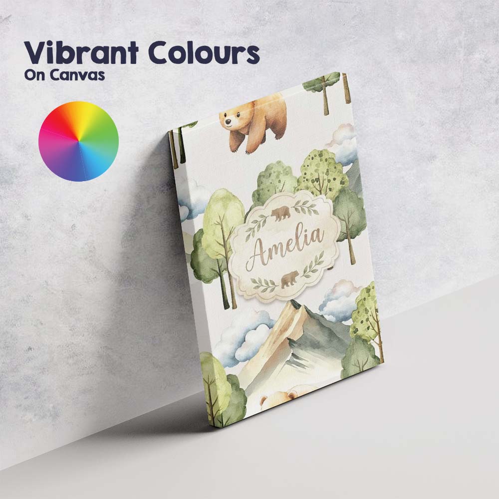Personalised Name Watercolor Woodland Bear Custom  Unique Gift Idea Elegant Feature Canvas Wall Art Print Decor Picture Ready to Hang