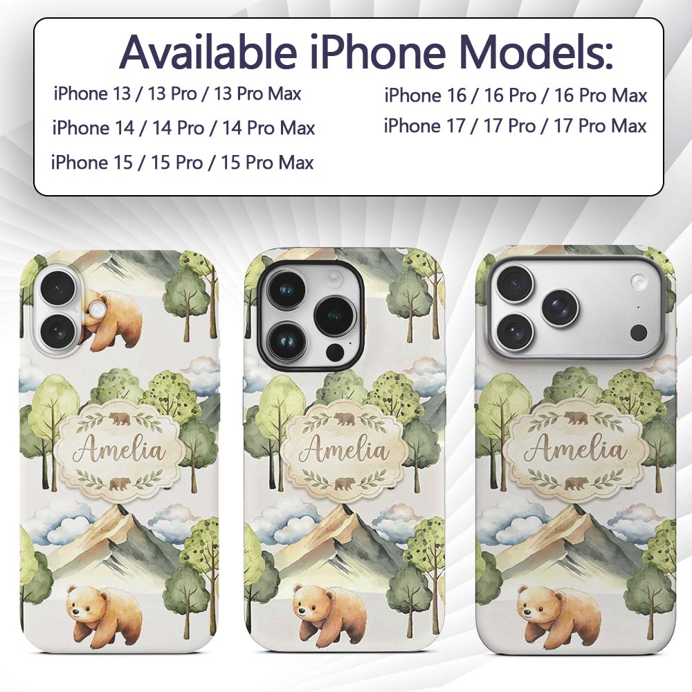Watercolor Woodland Bear Trees Mountains Seamless Custom Name Protective Phone Case Mobile Cover Durable Everyday Smartphone Shock Resistant