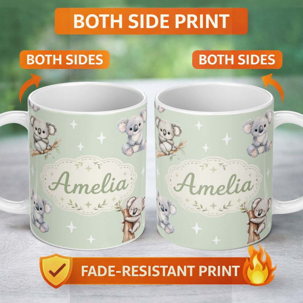 Personalized Custom Name Cute Baby Koala Bears with Stars on Sage Green Background Seamless 11oz Ceramic Coffee Tea Mug White Large Handle