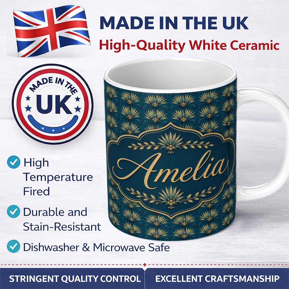 Personalized Custom Name Art Deco Gold and Teal Floral Fan Seamless Pattern Cute Unique Gift 11oz Ceramic Coffee Tea Mug White Large Handle
