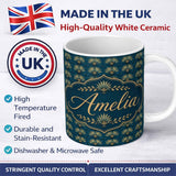 Personalized Custom Name Art Deco Gold and Teal Floral Fan Seamless Pattern Cute Unique Gift 11oz Ceramic Coffee Tea Mug White Large Handle