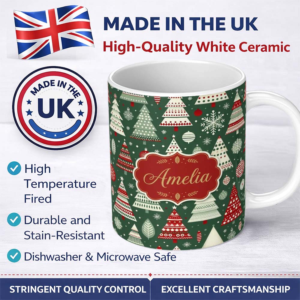 Personalized Custom Name Nordic Holiday Trees with Ornaments Snowflakes and Red Green Decor 11oz Ceramic Coffee Tea Mug White Large Handle