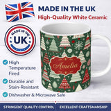 Personalized Custom Name Nordic Holiday Trees with Ornaments Snowflakes and Red Green Decor 11oz Ceramic Coffee Tea Mug White Large Handle