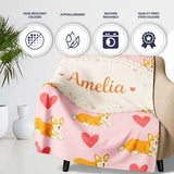 Playful Corgi Dogs Heart Seamless Pattern Perfect Gift for Her  Personalised Custom Name Super Soft Fleece Blanket Bed Sofa Throw