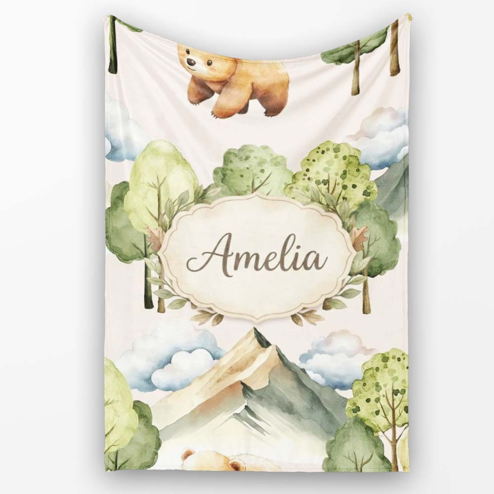 Watercolor Woodland Bear Trees Mountains Seamless Pattern Warm  Personalised Custom Name Super Soft Fleece Blanket Bed Sofa Throw