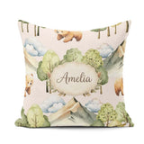 Custom Name Watercolor Woodland Bear Trees Seamless Pattern Warm Square Filled Cushion Throw Pillow Sofa Bed Home Decor Zip Washable UK Made