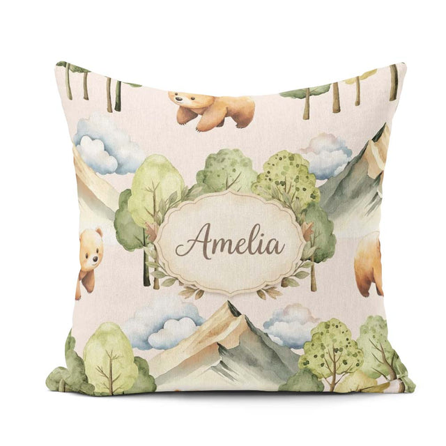 Custom Name Watercolor Woodland Bear Trees Seamless Pattern Warm Square Filled Cushion Throw Pillow Sofa Bed Home Decor Zip Washable UK Made