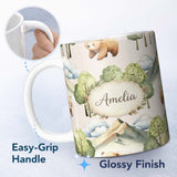 Personalized Custom Name Watercolor Woodland Bear Trees Mountains Seamless Pattern Warm 11oz Ceramic Coffee Tea Mug White Large Handle