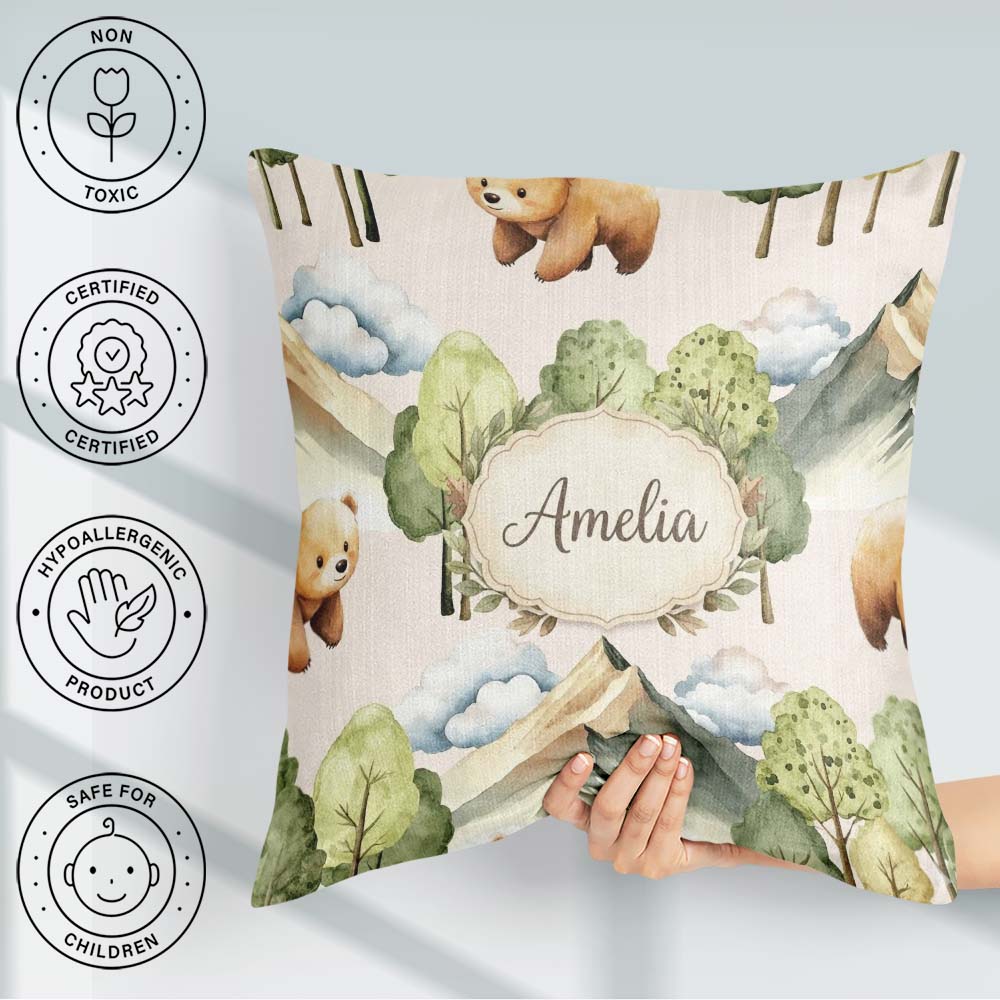 Custom Name Watercolor Woodland Bear Trees Seamless Pattern Warm Square Filled Cushion Throw Pillow Sofa Bed Home Decor Zip Washable UK Made