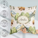 Custom Name Watercolor Woodland Bear Trees Seamless Pattern Warm Square Filled Cushion Throw Pillow Sofa Bed Home Decor Zip Washable UK Made
