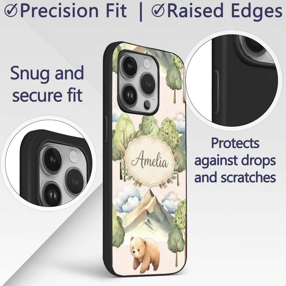 Watercolor Woodland Bear Trees Mountains Seamless Custom Name Protective Phone Case Mobile Cover Durable Everyday Smartphone Shock Resistant