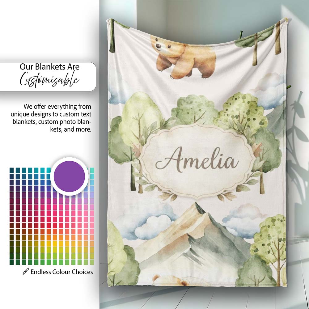 Watercolor Woodland Bear Trees Mountains Seamless Pattern Warm  Personalised Custom Name Super Soft Fleece Blanket Bed Sofa Throw