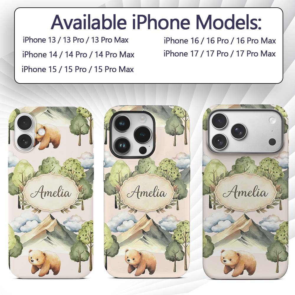 Watercolor Woodland Bear Trees Mountains Seamless Custom Name Protective Phone Case Mobile Cover Durable Everyday Smartphone Shock Resistant