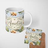 Personalized Custom Name Watercolor Woodland Bear Trees Mountains Seamless Pattern Soft Blue 11oz Ceramic Coffee Tea Mug White Large Handle