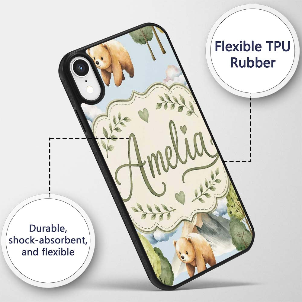 Watercolor Woodland Bear Trees Mountains Seamless Custom Name Protective Phone Case Mobile Cover Durable Everyday Smartphone Shock Resistant