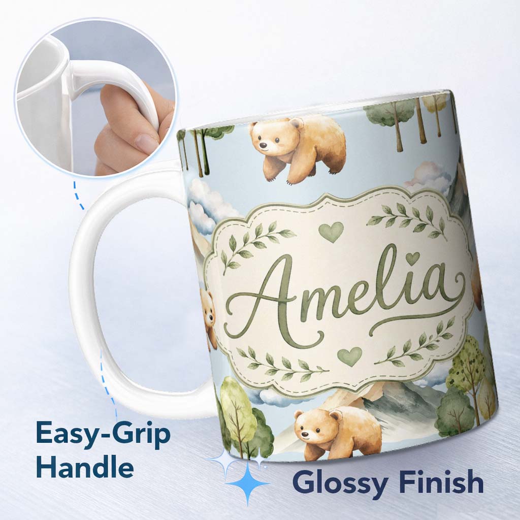 Personalized Custom Name Watercolor Woodland Bear Trees Mountains Seamless Pattern Soft Blue 11oz Ceramic Coffee Tea Mug White Large Handle