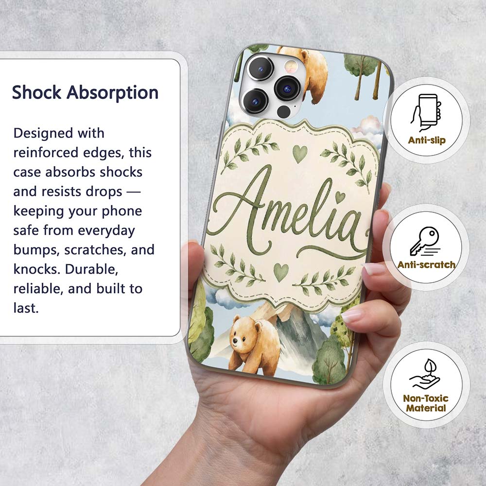 Watercolor Woodland Bear Trees Mountains Seamless Custom Name Protective Phone Case Mobile Cover Durable Everyday Smartphone Shock Resistant