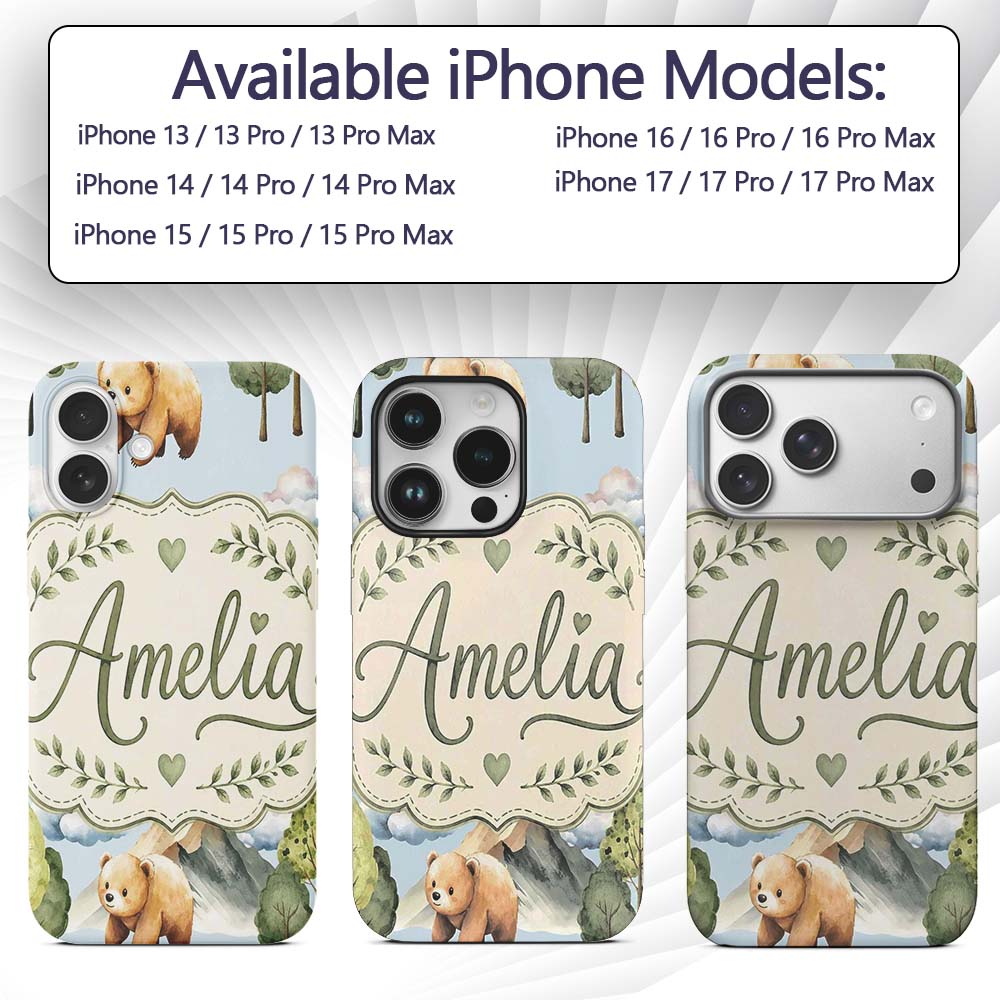 Watercolor Woodland Bear Trees Mountains Seamless Custom Name Protective Phone Case Mobile Cover Durable Everyday Smartphone Shock Resistant