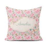 Custom Name Pastel Pink Peony Floral Light Blue Seamless Pattern Square Filled Cushion Throw Pillow Sofa Bed Home Decor Zip Washable UK Made