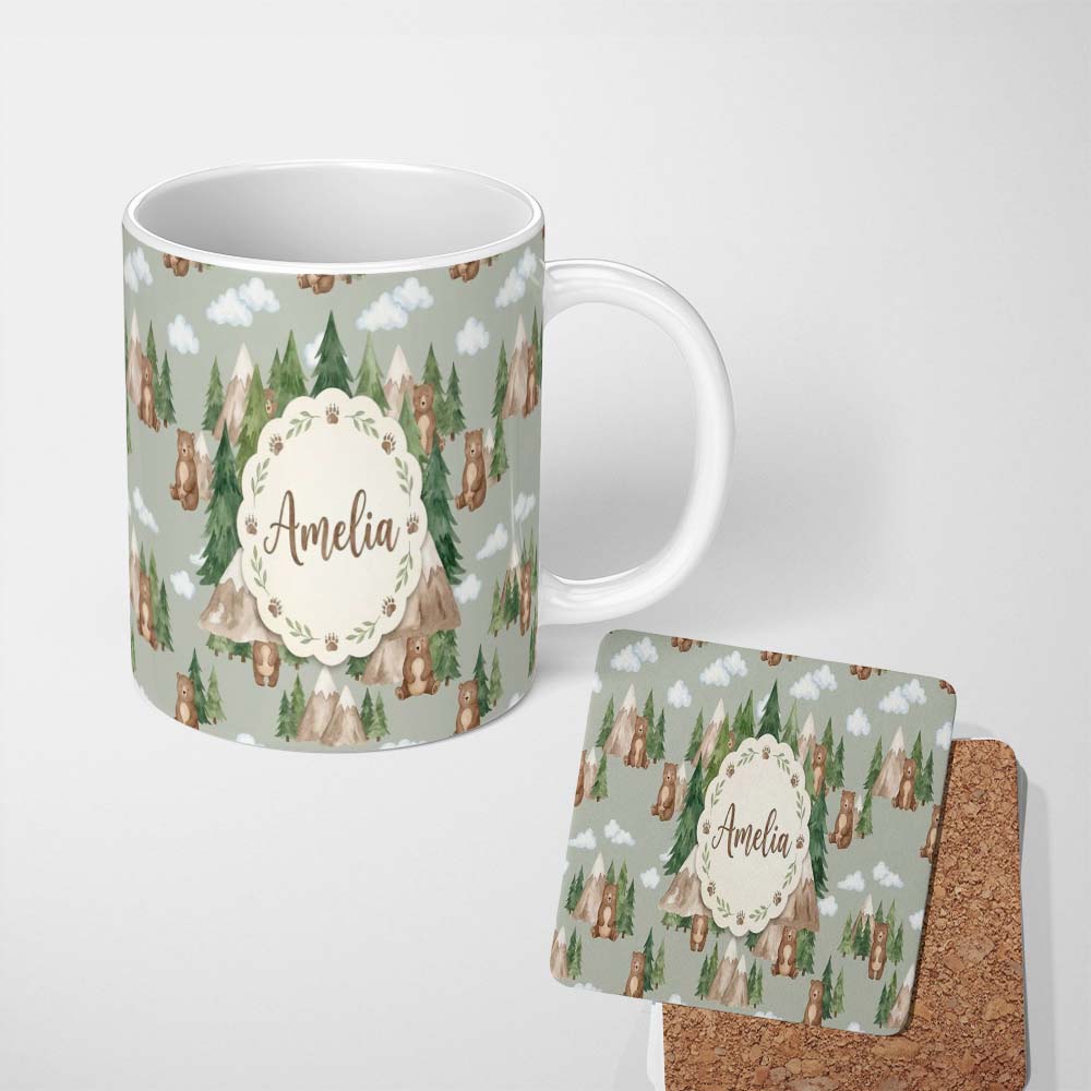 Personalized Custom Name Watercolor Woodland Bear Trees Mountains Seamless Pattern Sage 11oz Ceramic Coffee Tea Mug White Large Handle