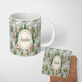 Personalized Custom Name Watercolor Woodland Bear Trees Mountains Seamless Pattern Sage 11oz Ceramic Coffee Tea Mug White Large Handle