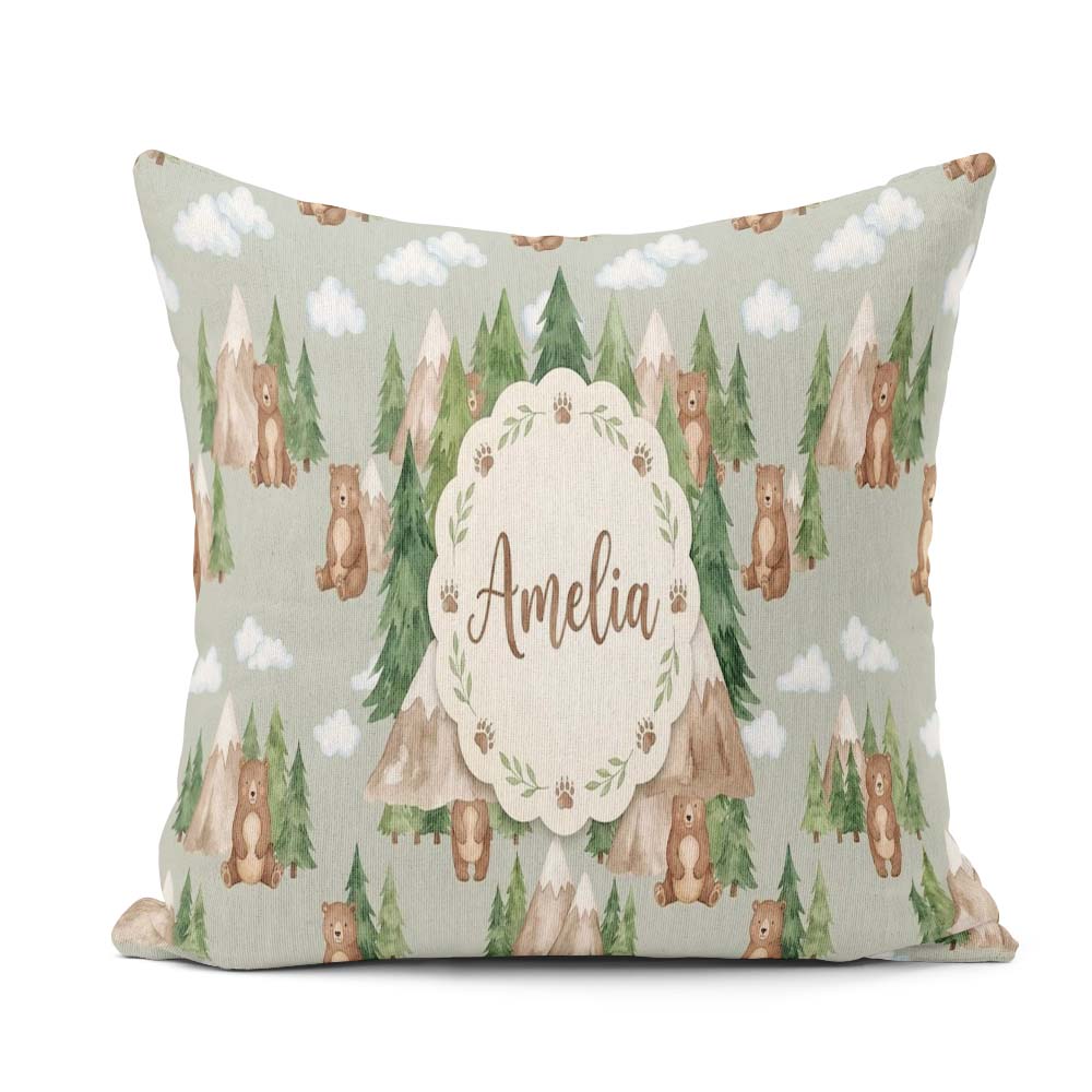Custom Name Watercolor Woodland Bear Trees Seamless Pattern Sage Square Filled Cushion Throw Pillow Sofa Bed Home Decor Zip Washable UK Made