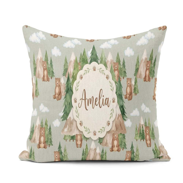Custom Name Watercolor Woodland Bear Trees Seamless Pattern Sage Square Filled Cushion Throw Pillow Sofa Bed Home Decor Zip Washable UK Made