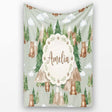 Watercolor Woodland Bear Trees Mountains Seamless Pattern Sage  Personalised Custom Name Super Soft Fleece Blanket Bed Sofa Throw