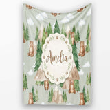 Watercolor Woodland Bear Trees Mountains Seamless Pattern Sage  Personalised Custom Name Super Soft Fleece Blanket Bed Sofa Throw
