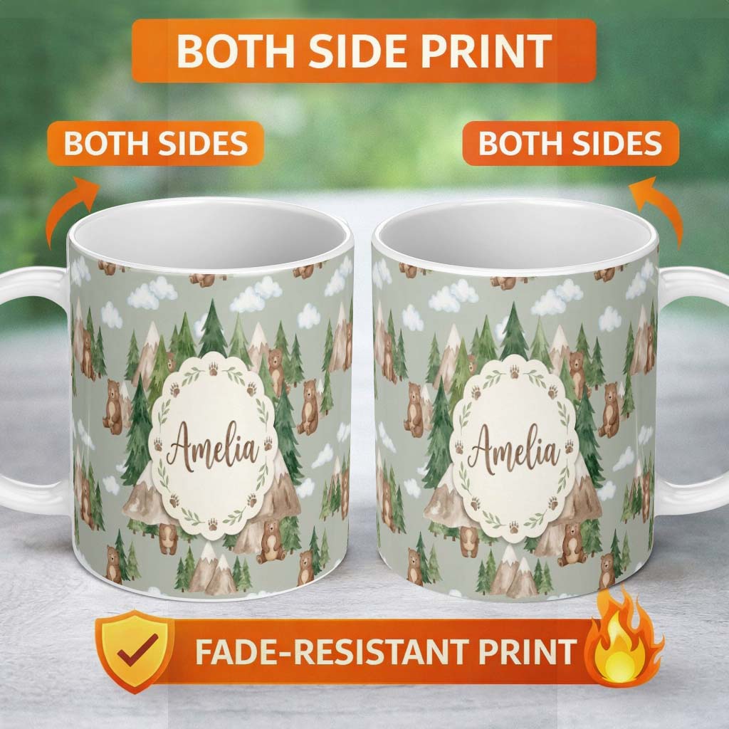 Personalized Custom Name Watercolor Woodland Bear Trees Mountains Seamless Pattern Sage 11oz Ceramic Coffee Tea Mug White Large Handle