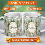 Personalized Custom Name Watercolor Woodland Bear Trees Mountains Seamless Pattern Sage 11oz Ceramic Coffee Tea Mug White Large Handle