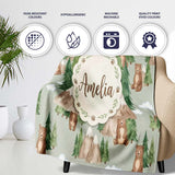 Watercolor Woodland Bear Trees Mountains Seamless Pattern Sage  Personalised Custom Name Super Soft Fleece Blanket Bed Sofa Throw