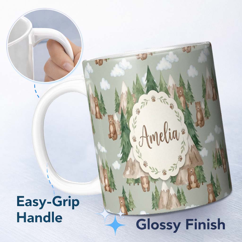 Personalized Custom Name Watercolor Woodland Bear Trees Mountains Seamless Pattern Sage 11oz Ceramic Coffee Tea Mug White Large Handle