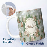 Personalized Custom Name Watercolor Woodland Bear Trees Mountains Seamless Pattern Sage 11oz Ceramic Coffee Tea Mug White Large Handle