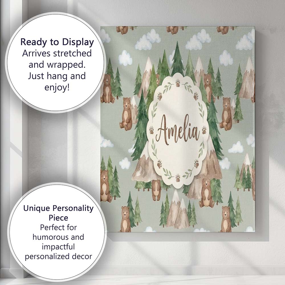 Personalised Name Watercolor Woodland Bear Custom  Unique Gift Idea Elegant Feature Canvas Wall Art Print Decor Picture Ready to Hang