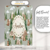 Watercolor Woodland Bear Trees Mountains Seamless Pattern Sage  Personalised Custom Name Super Soft Fleece Blanket Bed Sofa Throw