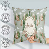 Custom Name Watercolor Woodland Bear Trees Seamless Pattern Sage Square Filled Cushion Throw Pillow Sofa Bed Home Decor Zip Washable UK Made