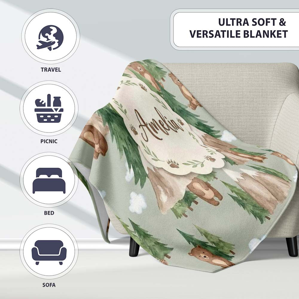 Watercolor Woodland Bear Trees Mountains Seamless Pattern Sage  Personalised Custom Name Super Soft Fleece Blanket Bed Sofa Throw