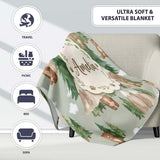 Watercolor Woodland Bear Trees Mountains Seamless Pattern Sage  Personalised Custom Name Super Soft Fleece Blanket Bed Sofa Throw