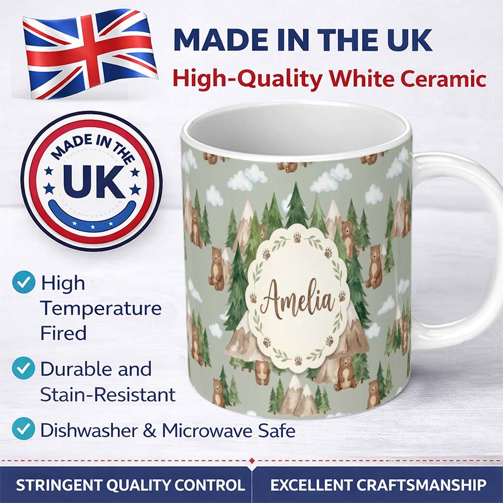 Personalized Custom Name Watercolor Woodland Bear Trees Mountains Seamless Pattern Sage 11oz Ceramic Coffee Tea Mug White Large Handle