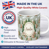Personalized Custom Name Watercolor Woodland Bear Trees Mountains Seamless Pattern Sage 11oz Ceramic Coffee Tea Mug White Large Handle