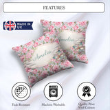 Custom Name Pastel Pink Peony Floral Light Blue Seamless Pattern Square Filled Cushion Throw Pillow Sofa Bed Home Decor Zip Washable UK Made