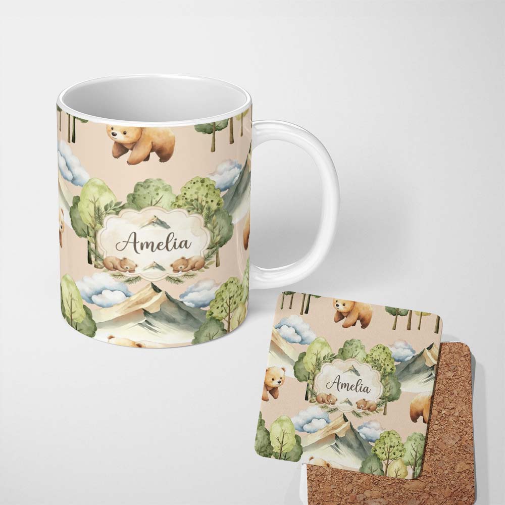 Personalized Custom Name Watercolor Woodland Bear Trees Mountains Seamless Pattern Light 11oz Ceramic Coffee Tea Mug White Large Handle
