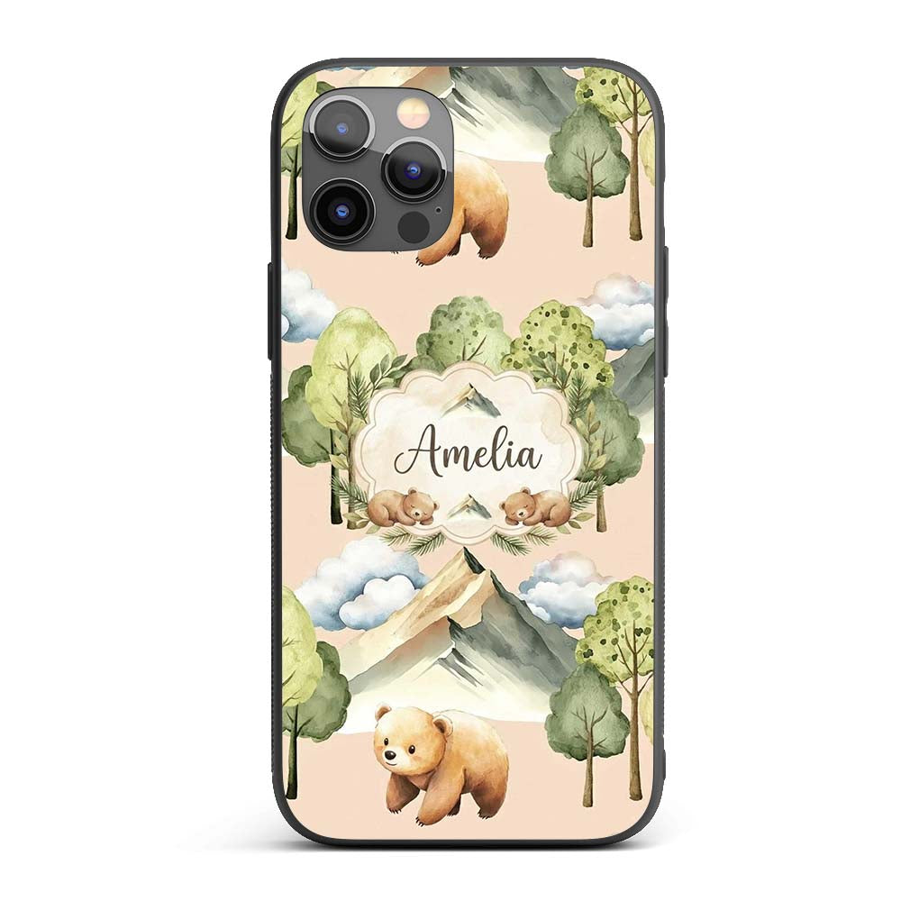 Watercolor Woodland Bear Trees Mountains Seamless Custom Name Protective Phone Case Mobile Cover Durable Everyday Smartphone Shock Resistant