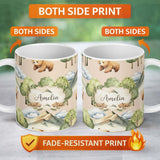 Personalized Custom Name Watercolor Woodland Bear Trees Mountains Seamless Pattern Light 11oz Ceramic Coffee Tea Mug White Large Handle