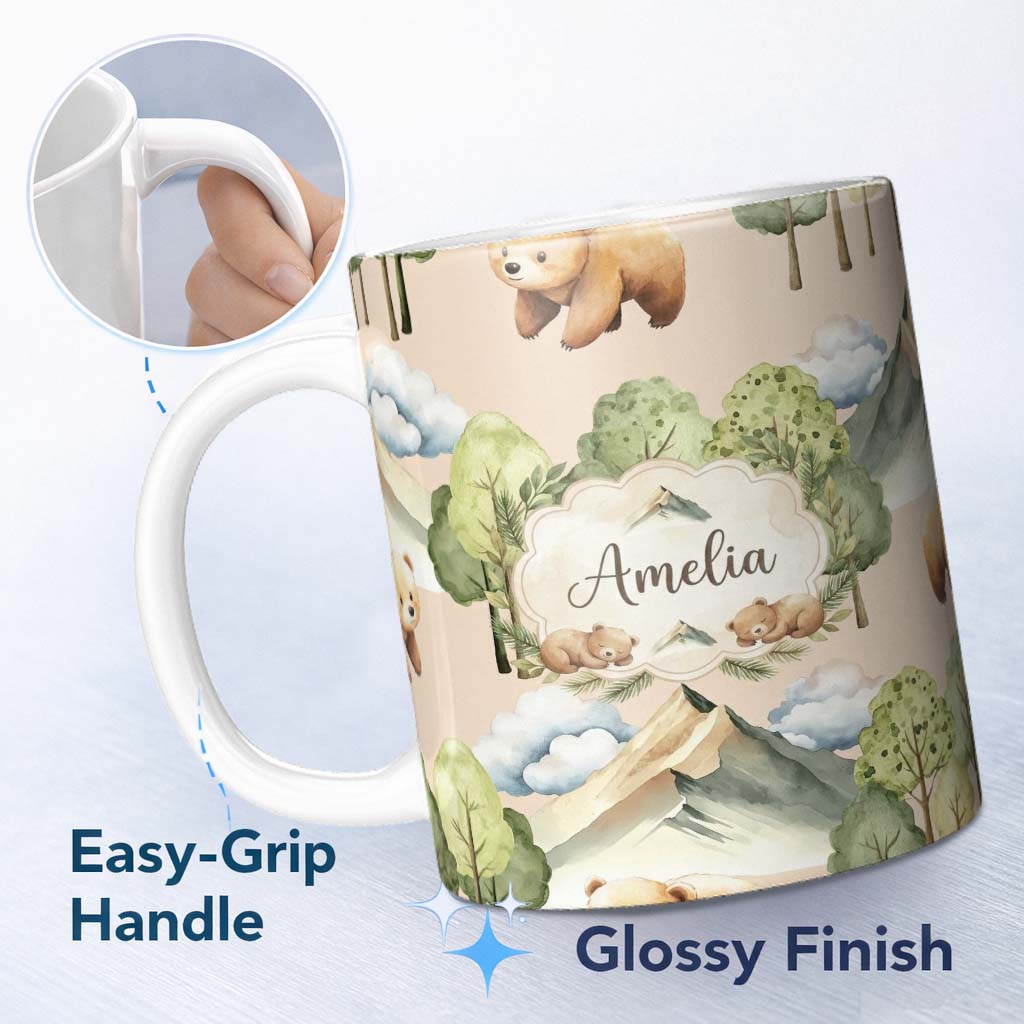 Personalized Custom Name Watercolor Woodland Bear Trees Mountains Seamless Pattern Light 11oz Ceramic Coffee Tea Mug White Large Handle