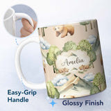 Personalized Custom Name Watercolor Woodland Bear Trees Mountains Seamless Pattern Light 11oz Ceramic Coffee Tea Mug White Large Handle