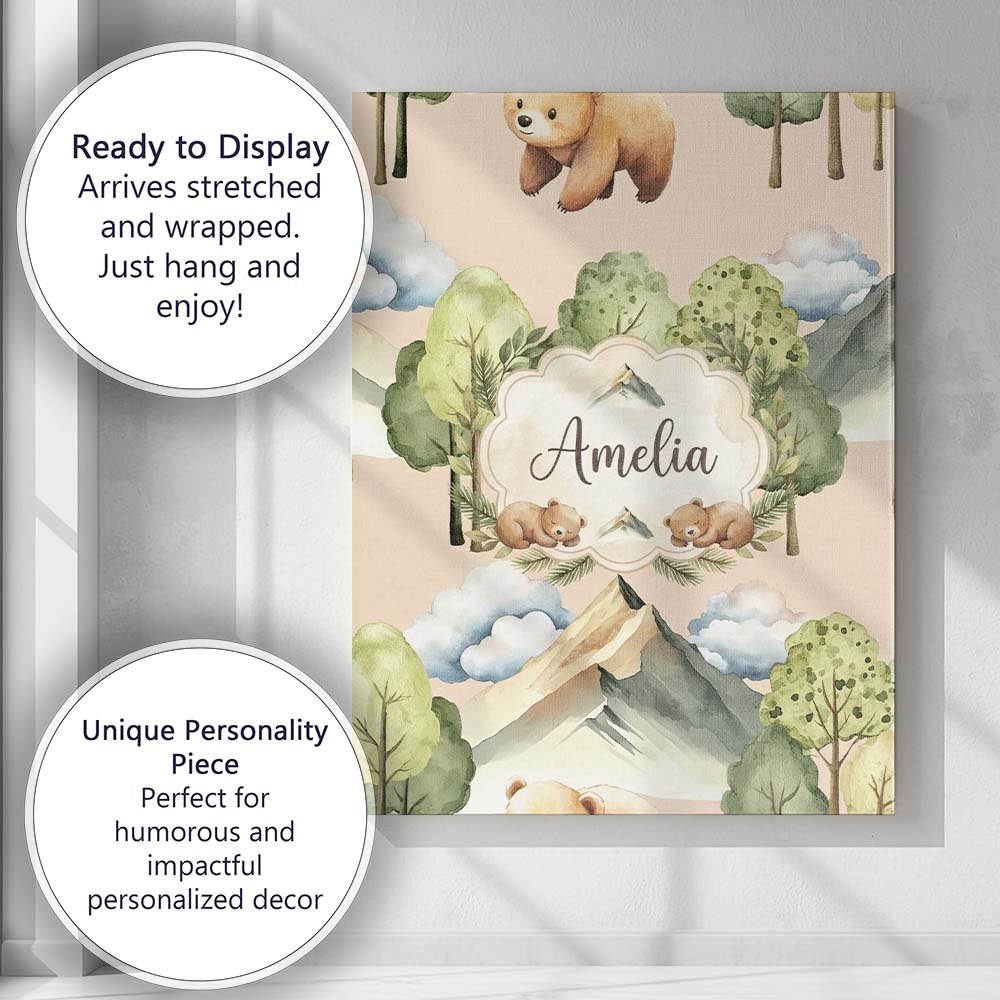 Personalised Name Watercolor Woodland Bear Custom  Unique Gift Idea Elegant Feature Canvas Wall Art Print Decor Picture Ready to Hang